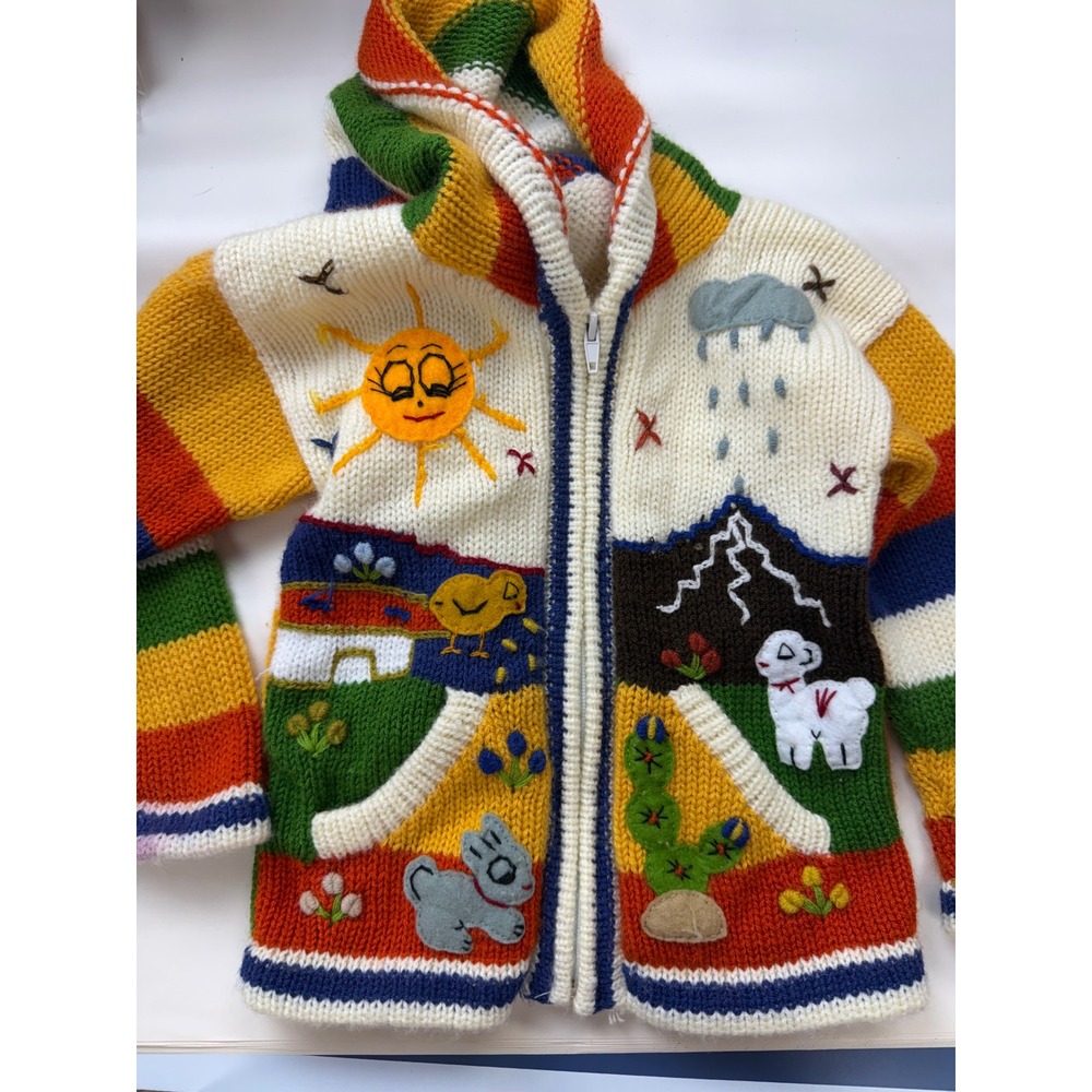 Hand-knitted children's Peruvian zip-up hooded sweater Sz 2-3T